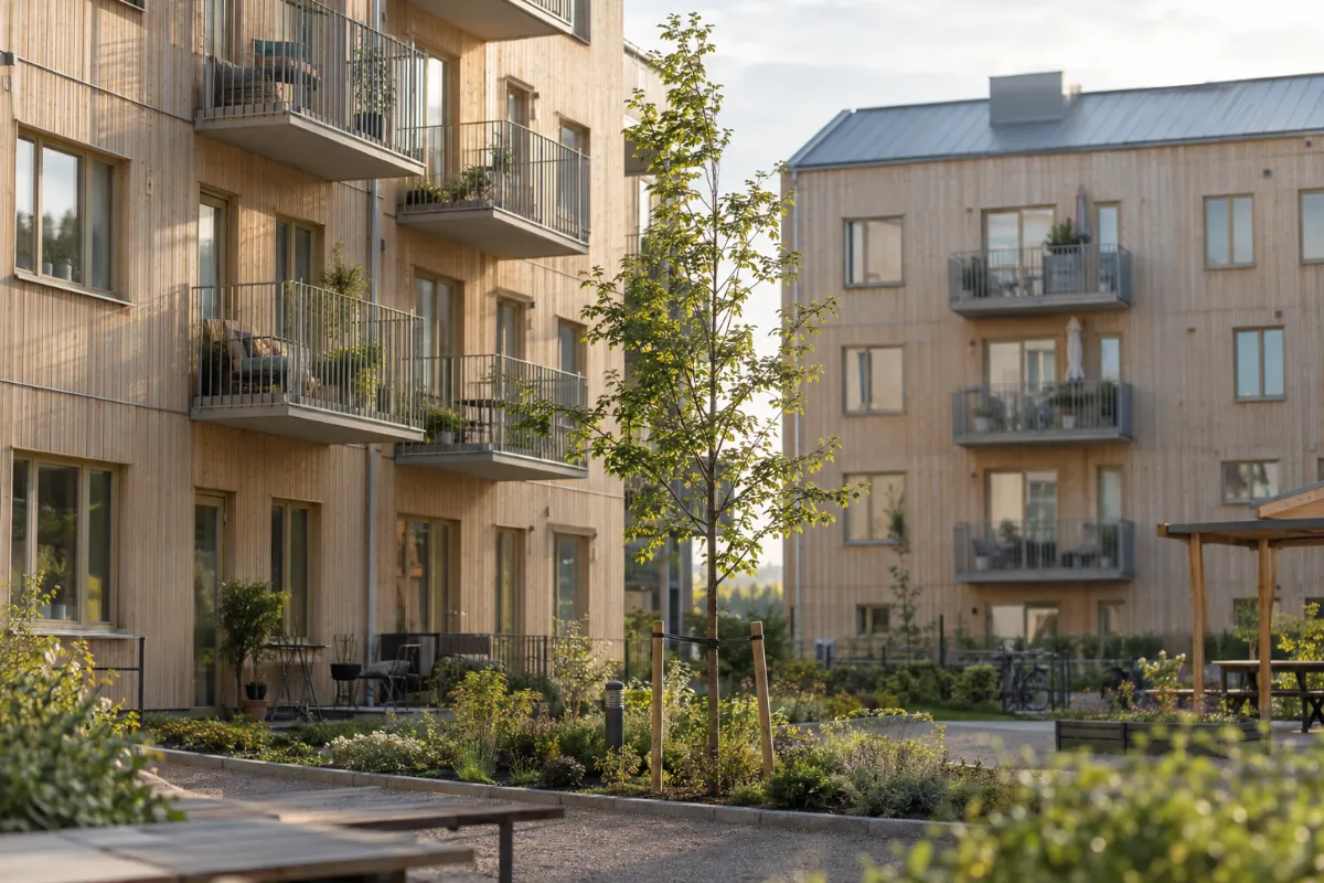 Nybyggt flerbostadshus med små balkonger och en grön innergård i eftermiddagsljus