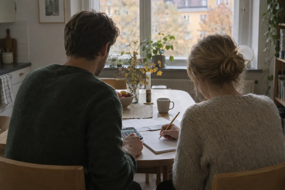 Två personer vid ett köksbord som går igenom en hushållsbudget med penna och miniräknare