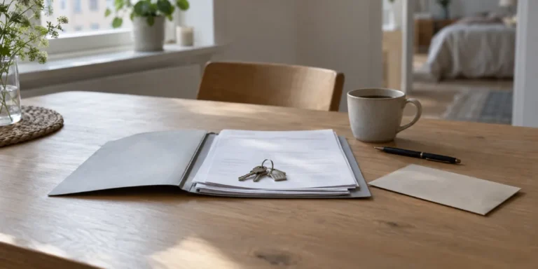 Lånepapper, ett kuvert och husnycklar på ett köksbord bredvid en kaffekopp