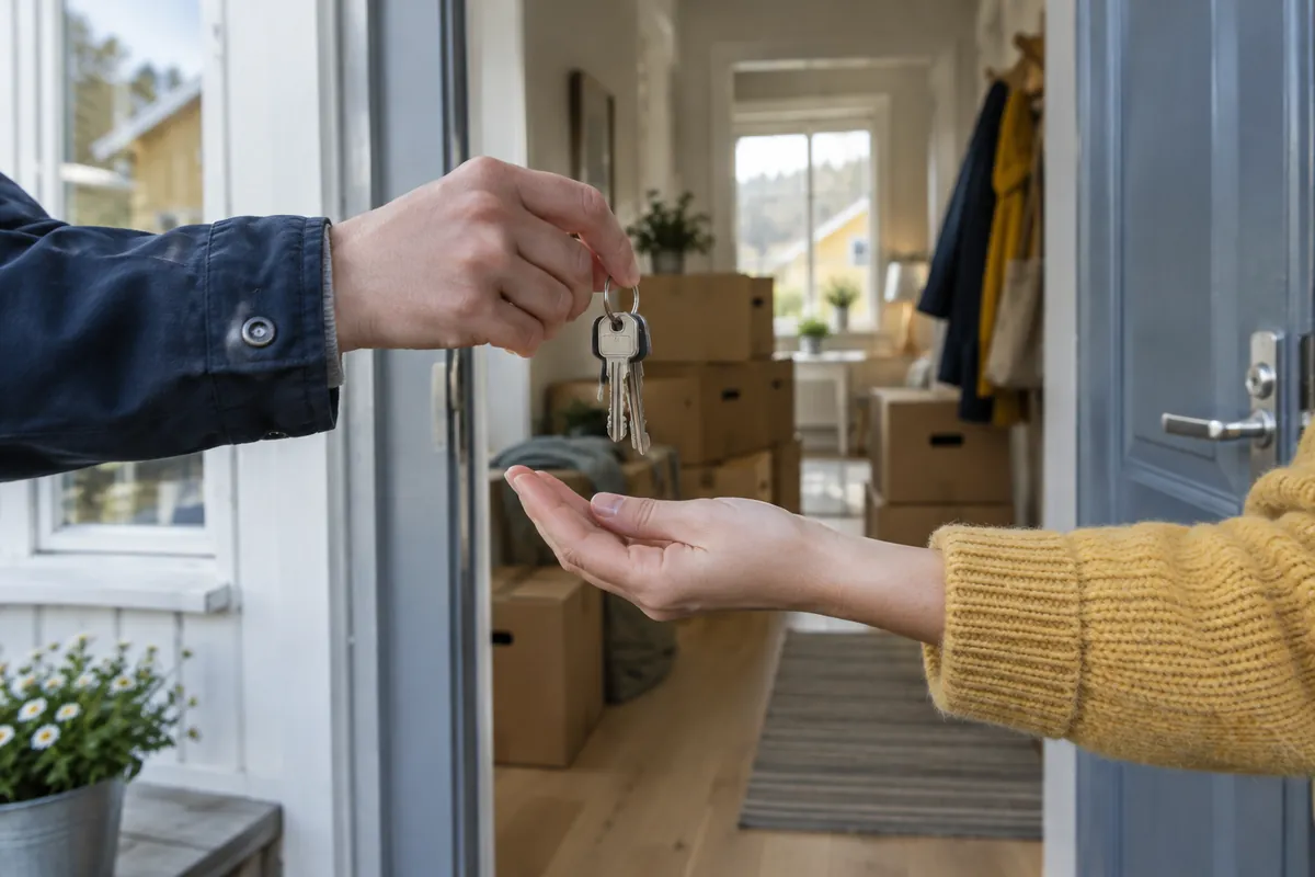 En hand som lämnar över husnycklar i dörren till en villa med flyttkartonger i hallen