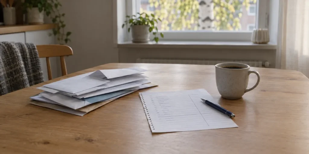 Köksbord i en hyreslägenhet med öppnade kuvert, en handskriven budget och en kopp kaffe